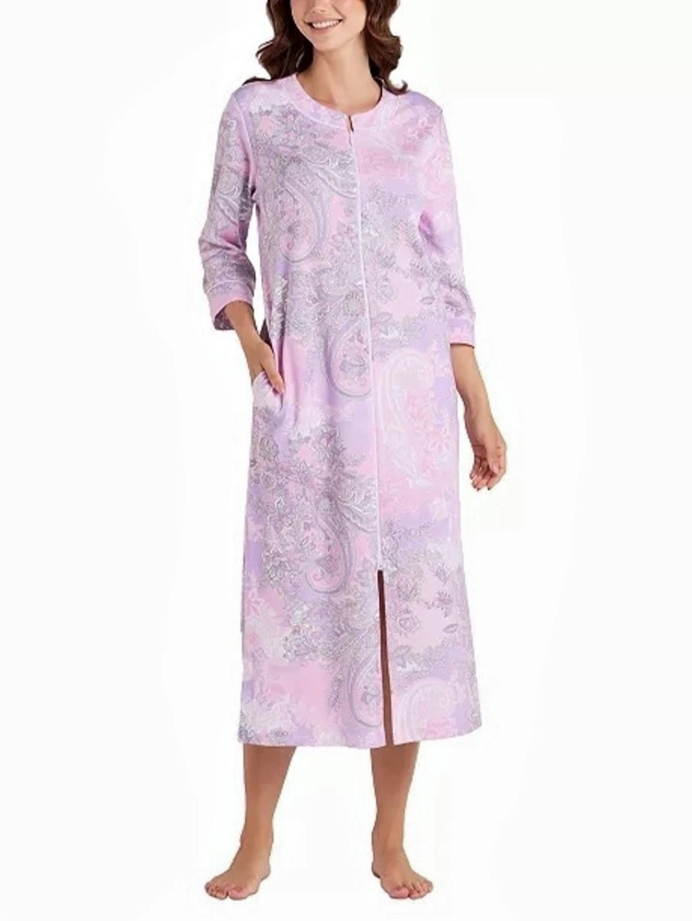 Miss Elaine Relax Knit Paisley Print Long Zip Robe Paisley Midi Lounge